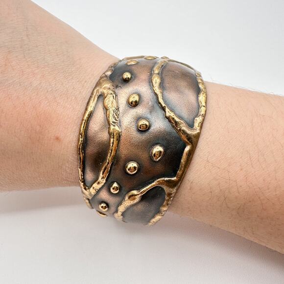 Copper and Brass Bracelet Hand Made Cuff Style Brutalist Chunky Statement Piece - Picture 4 of 13